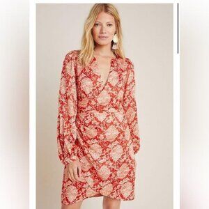 ANTHROPOLOGIE SKYLAR SURPLICE RED floral FAUX WRAP DRESS 4